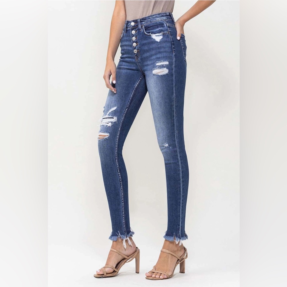 High Rise Patched Button Up Ankle Skinny Jeans